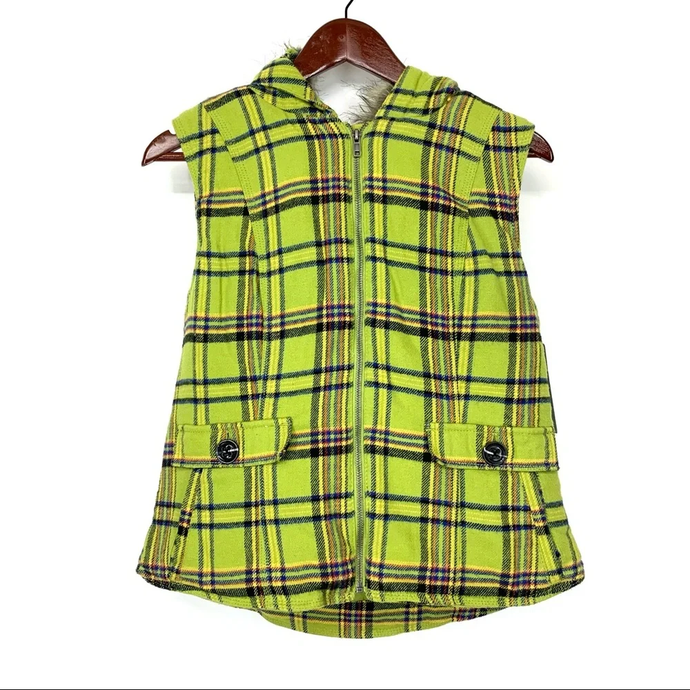 Mossimo Supply Co Retro Lime Green Blue Multi Plaid Full Zip Vest Faux Fur Hood - Picture 1 of 15